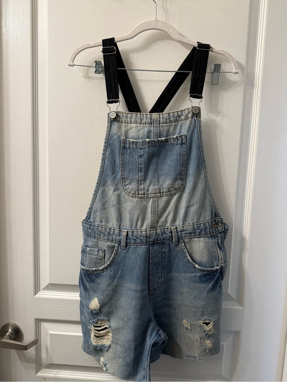Casual Distressed Denim Short Overalls - Light Blue